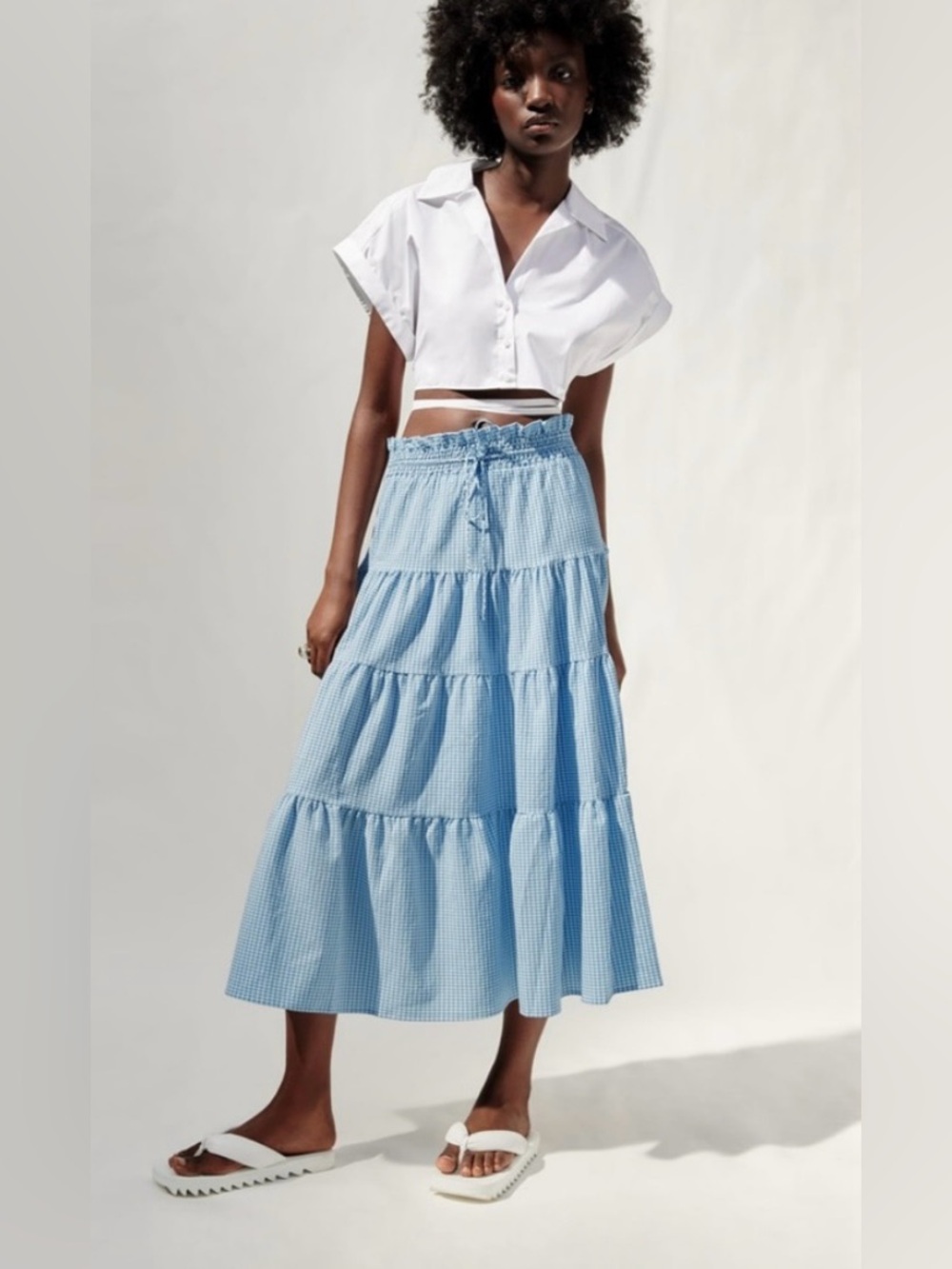 ZARA Light Blue Tiered Gingham Maxi Skirt size XS